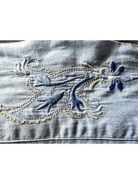 Blue Embroidered Sheet Full Size 100% Cotton 79”W X 95”L French Cottage Vintage